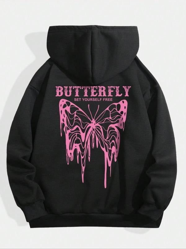 Women's Butterfly & Letter Print Drop Shoulder Hoodie, Fashion Casual Drawstring Pocket Hooded Sweatshirt for Daily...