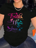 Women's Butterfly & Letter Print Round Neck Tee, Fashion Casual Short Sleeve Crew Neck T-shirt for Daily Holiday Vacation...