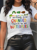Women's Butterfly & Letter Print Round Neck Tee, Fashion Casual Short Sleeve T-shirt for Daily Holiday Vacation Outdoor...