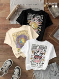 Women's Butterfly & Sunflower Print Round Neck Tee, Casual Fashion Short Sleeve T-shirt for Daily Wear, Ladies Summer...