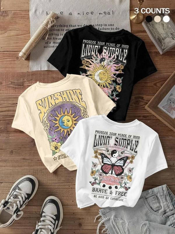 Women's Butterfly & Sunflower Print Round Neck Tee, Casual Fashion Short Sleeve T-shirt for Daily Wear, Ladies Summer...