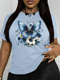 Women's Butterfly Print Round Neck Tee, Casual Short Sleeve Crew Neck T-Shirt for Daily Wear, Ladies Clothes for All...