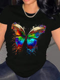 Women's Butterfly Print Round Neck Tee, Fashion Casual Short Sleeve T-shirt for Daily Holiday Vacation Outdoor Wear,...