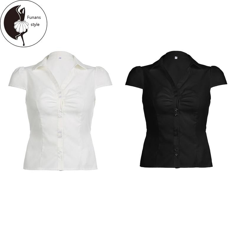 Women's Button Down Shirts Cap Sleeve Lapel Collar Tie BackFit Tops Summer Shirts Hoodie, Sweatshirt | GrindPrints.com