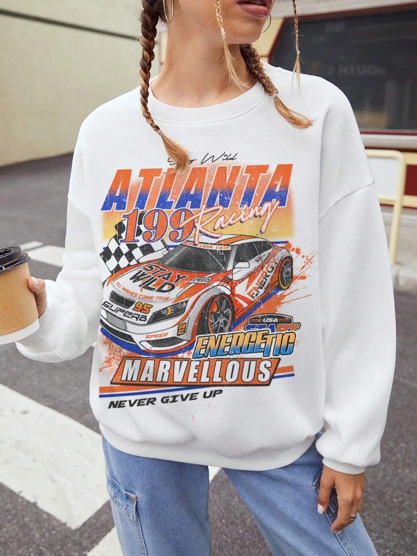 Women's Car & Letter Print Crew Neck Sweatshirt, Casual Long Sleeve Pullover for Fall & Winter, Women's Clothes for Daily...