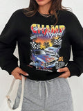 Women's Car & Letter Print Drop Shoulder Sweatshirt Without Necklace, Casual Street Long-Sleeve Round Neck Pullover For...