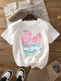 Women's Car & Letter Print Round Neck Tee, Trendy Casual Short Sleeve T-shirt for Daily Wear, Ladies Summer Outfit...