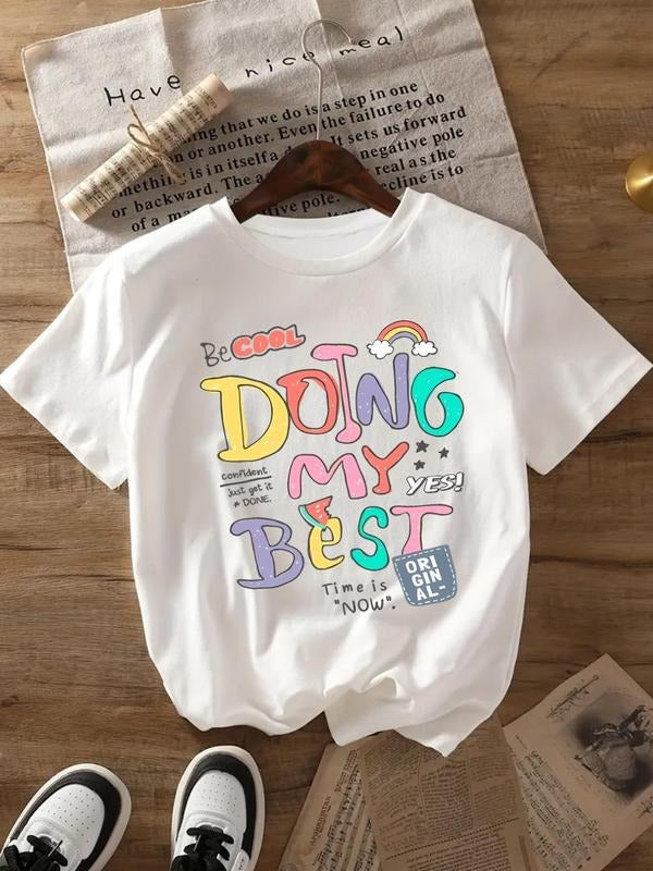 Women's Cartoon & Letter Print Round Neck Tee, Fashion Casual Crew Neck T-shirt for Daily Holiday Vacation Outdoor Wear,...