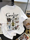 Women's Cartoon & Letter Print Round Neck Tee, Fashion Casual Short Sleeve T-shirt for Daily Wear, Ladies Summer Clothes...