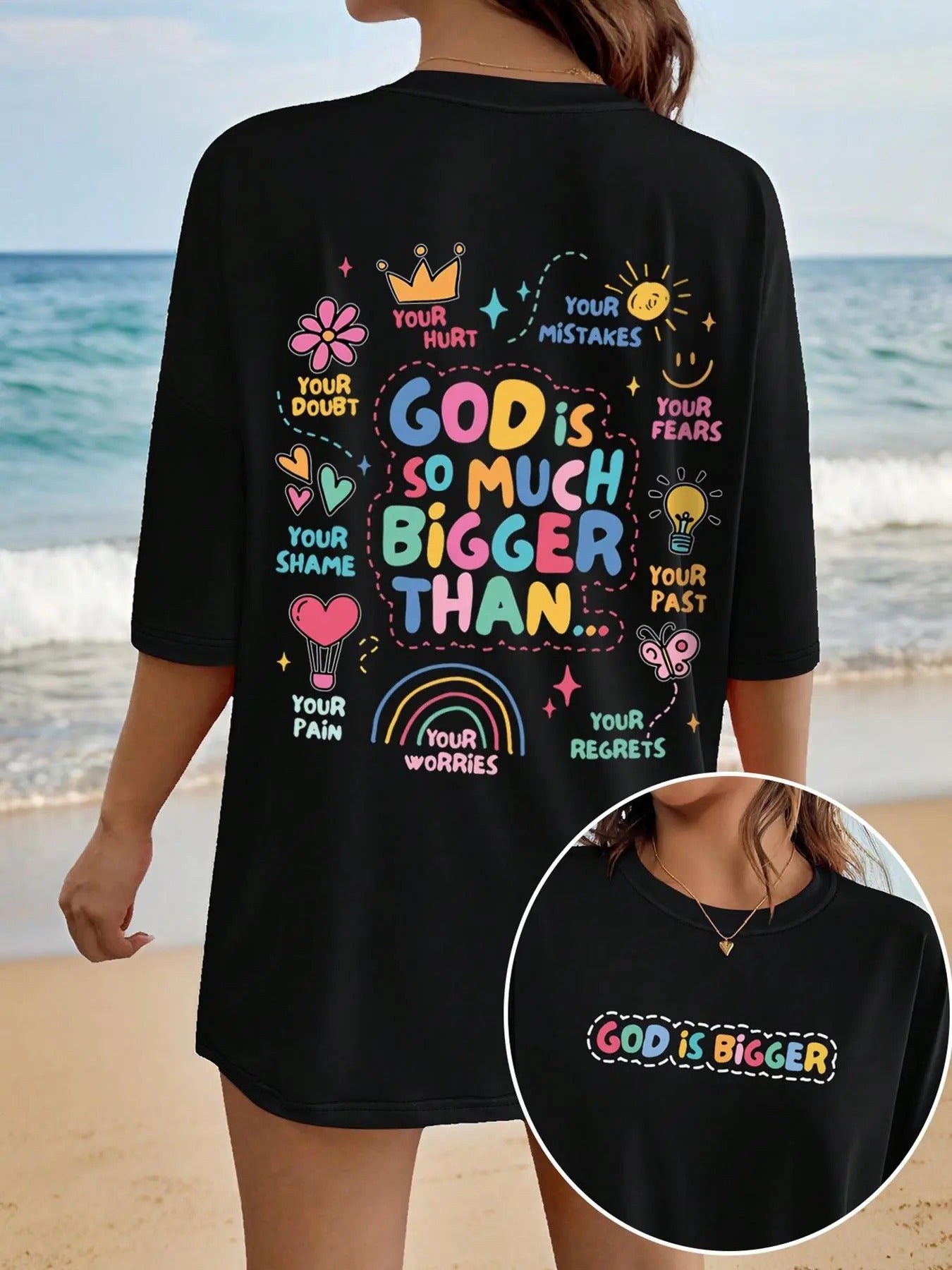 Women's Cartoon & Slogan Print Round Neck Tee, Fashion Casual Crew Neck T-Shirt for Daily Holiday Vacation Outdoor Wear,...