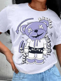 Women's Cartoon Bear & Letter Print Round Neck Tee, Fashion Casual Crew Neck T-Shirt for Daily Holiday Vacation Outdoor...