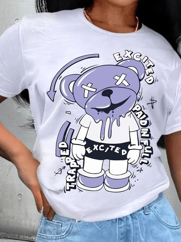 Women's Cartoon Bear & Letter Print Round Neck Tee, Fashion Casual Crew Neck T-Shirt for Daily Holiday Vacation Outdoor...