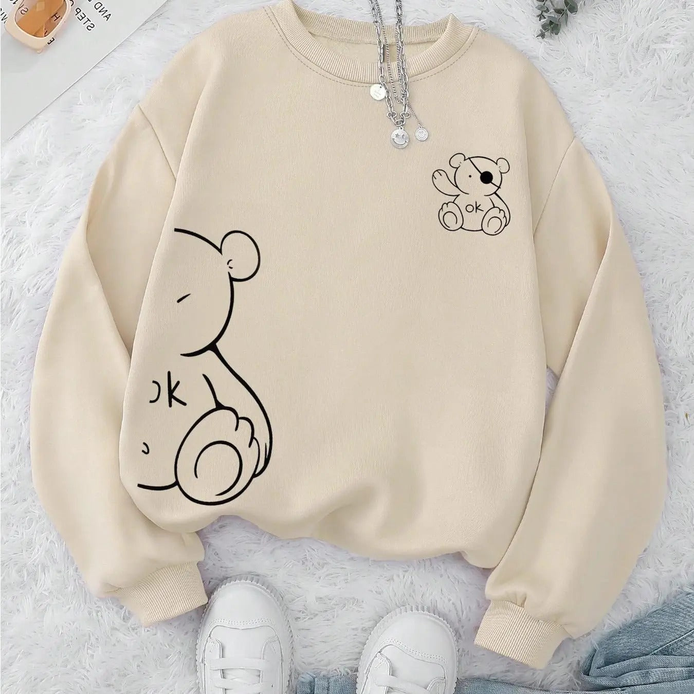Cartoon Bear Print Drop Shoulder Casual Long Sleeve Round Neck Fall & Winter Clothes Daily T-Shirts, Hoodie, Sweatshirt