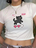 Women's Cartoon Cat & Letter Print Round Neck Tee, Casual Short Sleeve Crew Neck T-shirt for Daily Wear, Ladies Clothes...