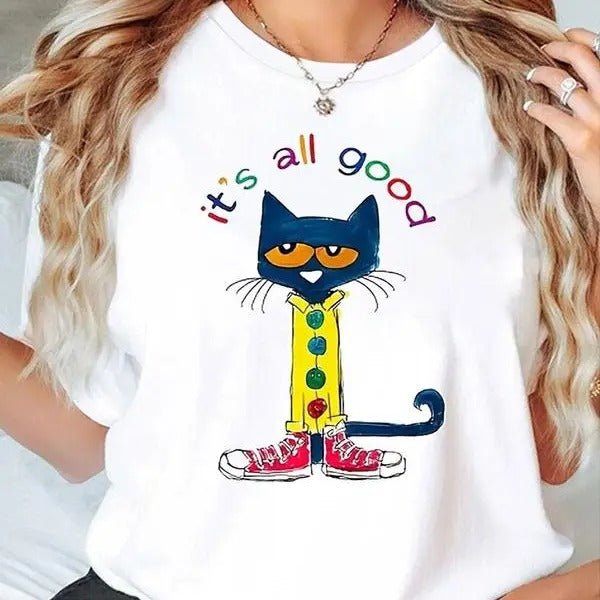 Cartoon Cat & Letter Print Round Neck Casual Crew Neck Daily Vacation Outdoor Clothes All Seasons T-Shirts, Hoodie, Sweatshirt
