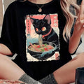 Women's Cartoon Cat & Ramen Print Round Neck Tee, Fashion Casual Drop Shoulder Short Sleeve T-shirt, Ladies Summer...