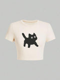 Women's Cartoon Cat Print Round Neck Crop Tee, Casual Short Sleeve Crew Neck T-shirt for Summer, Fashion Women's Top for...