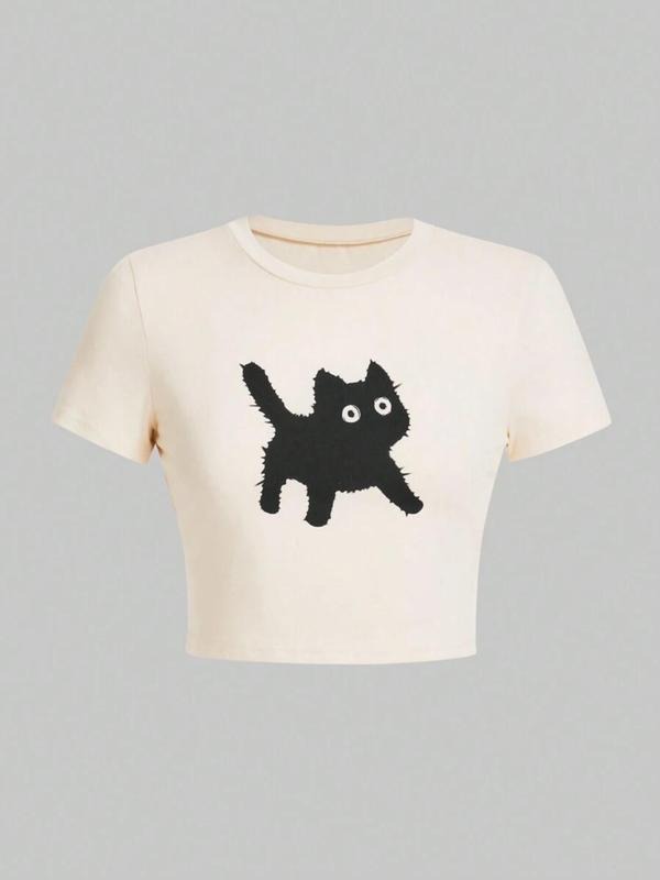 Women's Cartoon Cat Print Round Neck Crop Tee, Casual Short Sleeve Crew Neck T-shirt for Summer, Fashion Women's Top for...