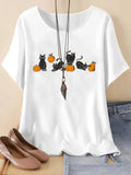 Women's Cartoon Cat Print Round Neck Graphic Tee, Vintage Trendy Casual Drop Shoulder Half Sleeve T-shirt For Daily Wear,...