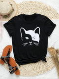 Women's Cartoon Cat Print Round Neck Tee, Fashion Casual Short Sleeve T-shirt for Daily Holiday Vacation Outdoor Wear,...