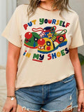 Women's Cartoon Clown Shoes & Letter Print Round Neck Tee, Fashion Casual Crew Neck T-shirt for Daily Holiday Vacation...
