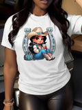 Women's Cartoon Cowgirl Print Round Neck Tee, Fashion Casual Crew Neck Short Sleeve T-Shirt for Daily Holiday Vacation...