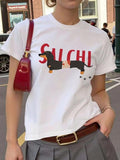 Women's Cartoon Dog & Letter Print Round Neck Tee, Fashion Casual Crew Neck T-shirt for Daily Holiday Vacation Outdoor...