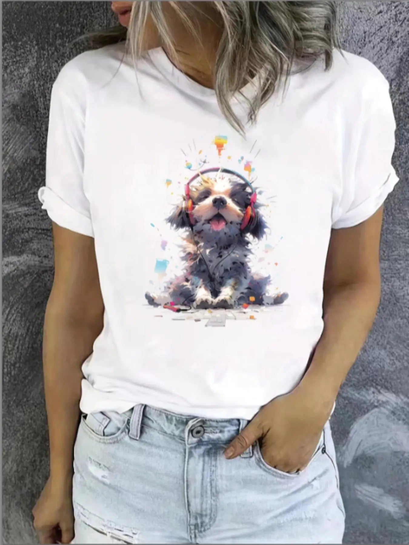 Women's Cartoon Dog Print Round Neck Tee, Fashion Casual Crew Neck T-Shirt for Daily Holiday Vacation Outdoor Wear,...