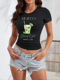 Women's Cartoon Drinks Print Round Neck Crop Tee, Casual Slim-fitting Short Sleeve T-shirt, Ladies Summer Clothes for...