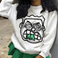 Women's Cartoon Face Print Crew Neck Sweatshirt, Casual Long Sleeve Pullover for Fall & Winter, Women's Clothes for Daily...