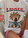 Women's Cartoon Figure & Letter Print Drop Shoulder Tee, Casual Half Sleeve Round Neck T-shirt for Summer, Fashion...