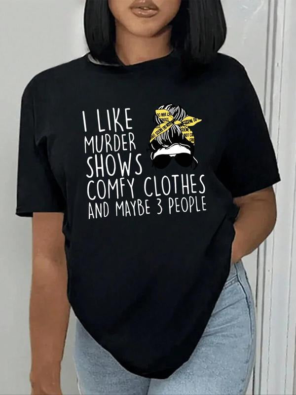 Women's Cartoon Figure & Letter Print Round Neck Tee, Fashion Casual Crew Neck Short Sleeve T-Shirt for Daily Holiday...