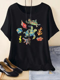 Women's Cartoon Fish Print Round Neck Graphic Tee, Vintage Trendy Casual Short Sleeve T-shirt For Daily Wear, Ladies...