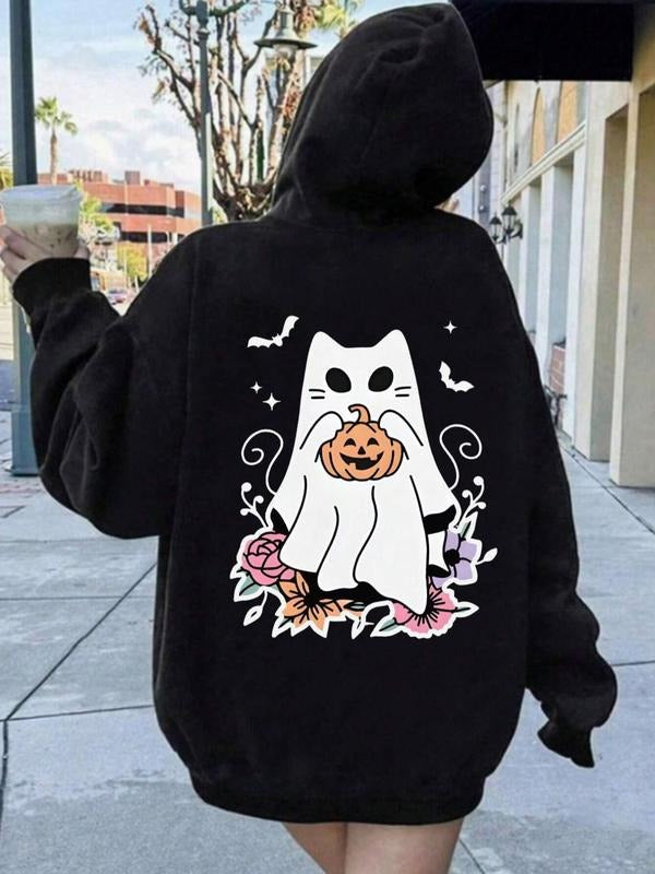Cartoon Ghost Print Casual Long Sleeve Hooded Fall & Winter Clothes Daily T-Shirts, Hoodie, Sweatshirt