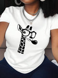Women's Cartoon Giraffe Print Round Neck Tee, Fashion Casual Short Sleeve T-shirt for Daily Holiday Vacation Outdoor...