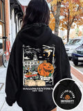 Women's Cartoon Graphic Print Drawstring Pocket Hoodie, Casual Halloween Drop Shoulder Long Sleeve Hooded Sweatshirt,...