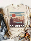 Women's Cartoon Landscape Graphic Print Round Neck Tee, Fashion Casual Short Sleeve T-shirt for Daily Wear, Ladies Summer...