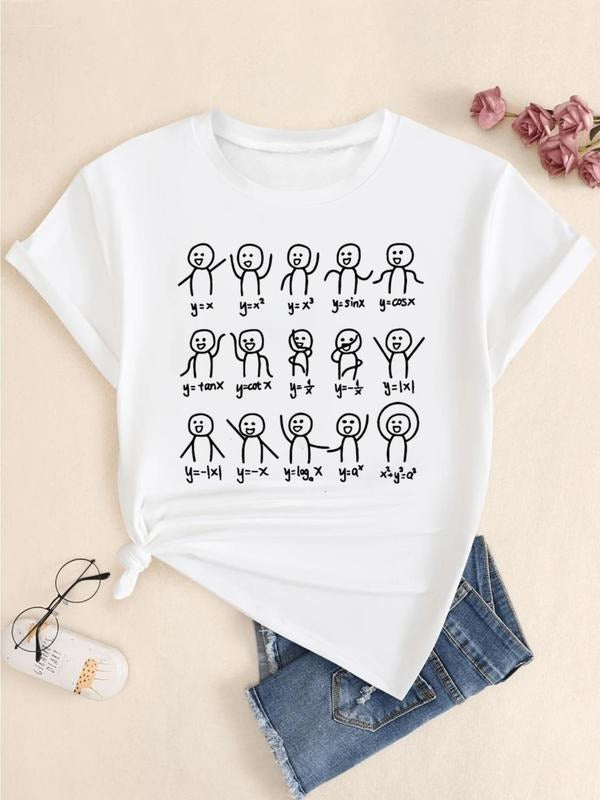 Women's Cartoon Math Stickman Print Round Neck Tee, Fashion Casual Short Sleeve T-shirt for Daily Wear, Ladies Summer...