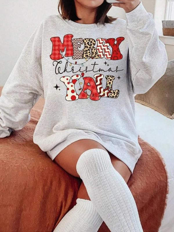 Women's Cartoon Merry Christmas Print Round Neck Sweatshirt, Casual Long Sleeve Pullover, Ladies Fall & Winter Clothes...