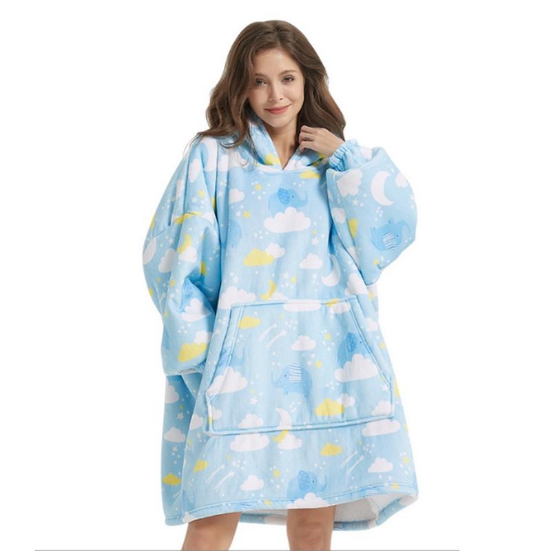 Women's Cartoon Print Hoodie Flannel Wearable Blanket Long Sleeve Kangaroo Pocket Winter Loungewear Pullover Womenswear...