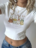 Women's Cartoon Rabbit Print Round Neck Crop Tee, Casual Short Sleeve Crew Neck T-shirt for Daily Wear, Ladies Clothes...