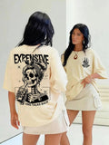 Women's Cartoon Skull & Letter Print Round Neck Tee, Halloween Fashion Casual Drop Shoulder Short Sleeve T-shirt, Ladies...