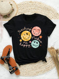 Women's Cartoon Smile Face & Letter Print Round Neck Graphic Tee, Vintage Trendy Casual Short Sleeve T-shirt for Daily...