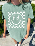 Women's Cartoon Smile Face & Plaid Print Round Neck Tee, Fashion Casual Short Sleeve T-shirt for Daily Wear, Ladies...