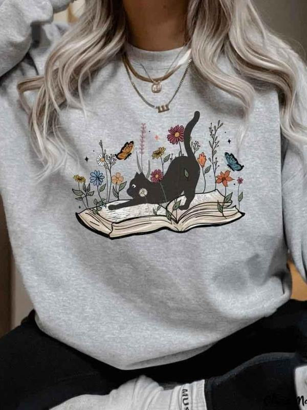 Women's Cat & Book Print Drop Shoulder Sweatshirt, Casual Long Sleeve Round Neck Pullover for Daily Wear, Ladies Clothes...