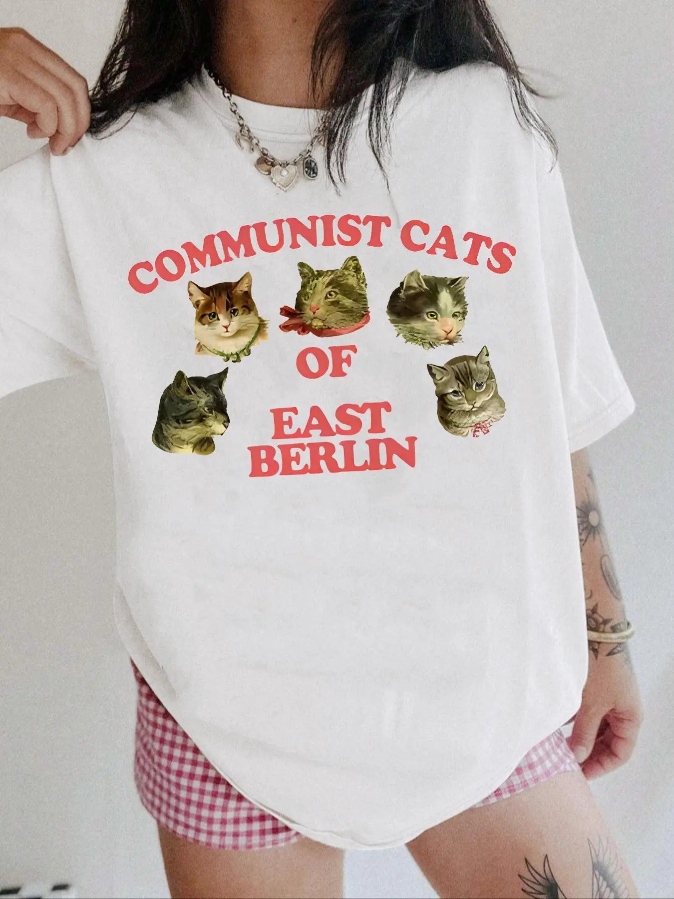 Women's Cat & Letter Print Round Neck Tee, Casual Short Sleeve T-shirt for Summer, Women's Top for Daily Wear Hoodie,...