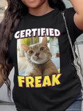 Women's Cat & Letter Print Round Neck Tee, Fashion Casual Crew Neck T-shirt for Daily Holiday Vacation Outdoor Wear,...