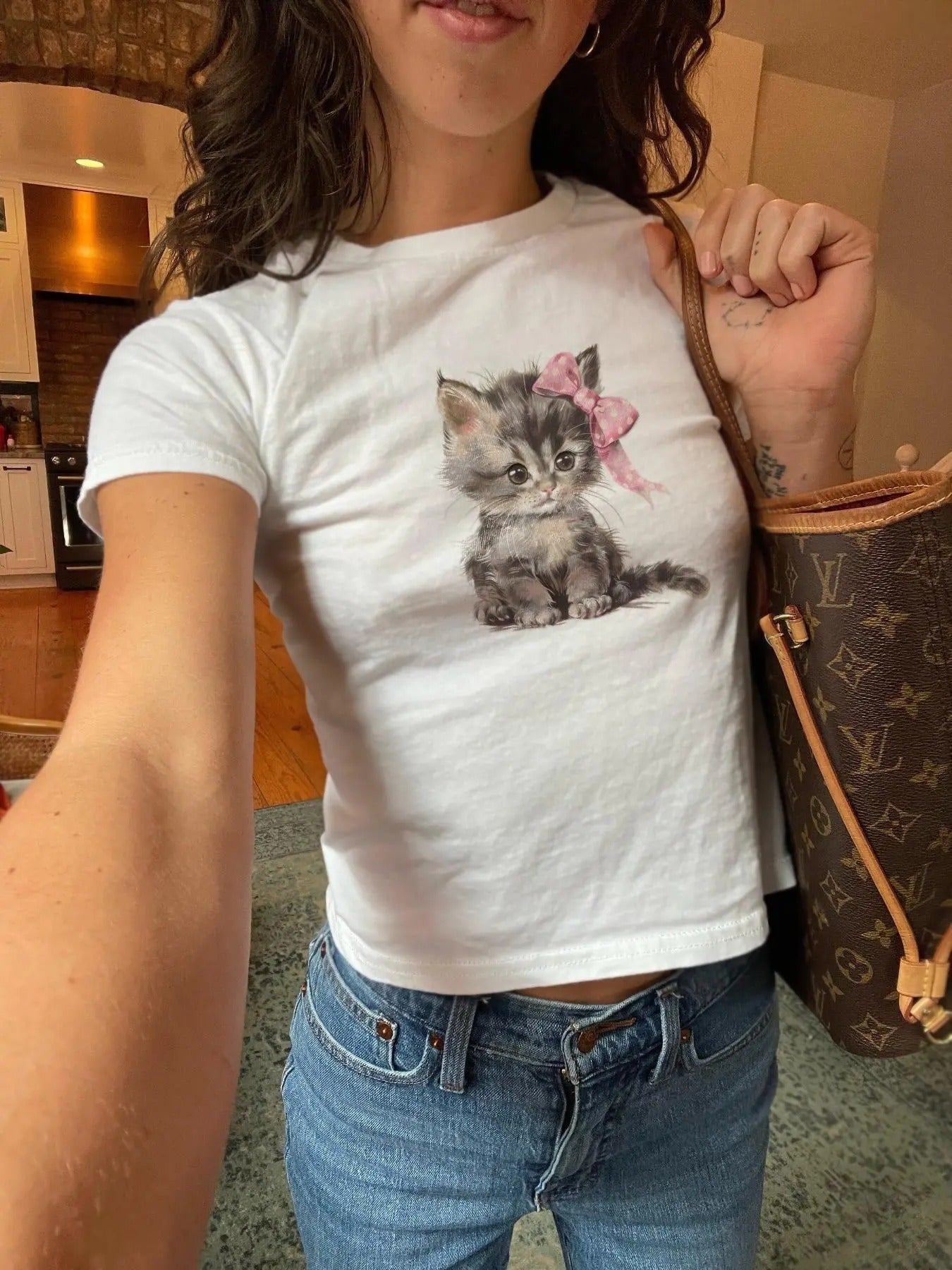 Women's Cat Print Round Neck Crop Tee, Casual Short Sleeve Crew Neck T-shirt for Spring & Fall, Fashion Women's Top for...