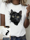 Women's Cat Print Round Neck Tee, Fashion Casual Crew Neck T-Shirt for Daily Holiday Vacation Outdoor Wear, Ladies...