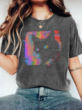 Women's Cat Print Round Neck Tee, Fashion Casual Crew Neck T-Shirt for Daily Holiday Vacation Outdoor Wear, Ladies...